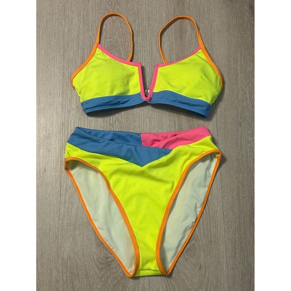 Salty Wave Neon Colorblock Two-Piece High Waisted/Cut Bikini Sz Small
